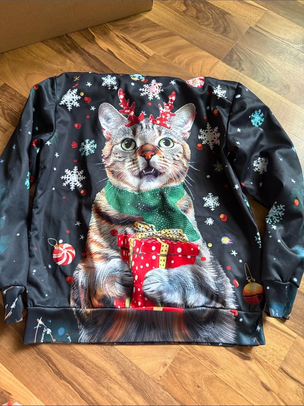 Holiday Cat Hoodie Sweatshirt - Black with Red & Green Cat Print